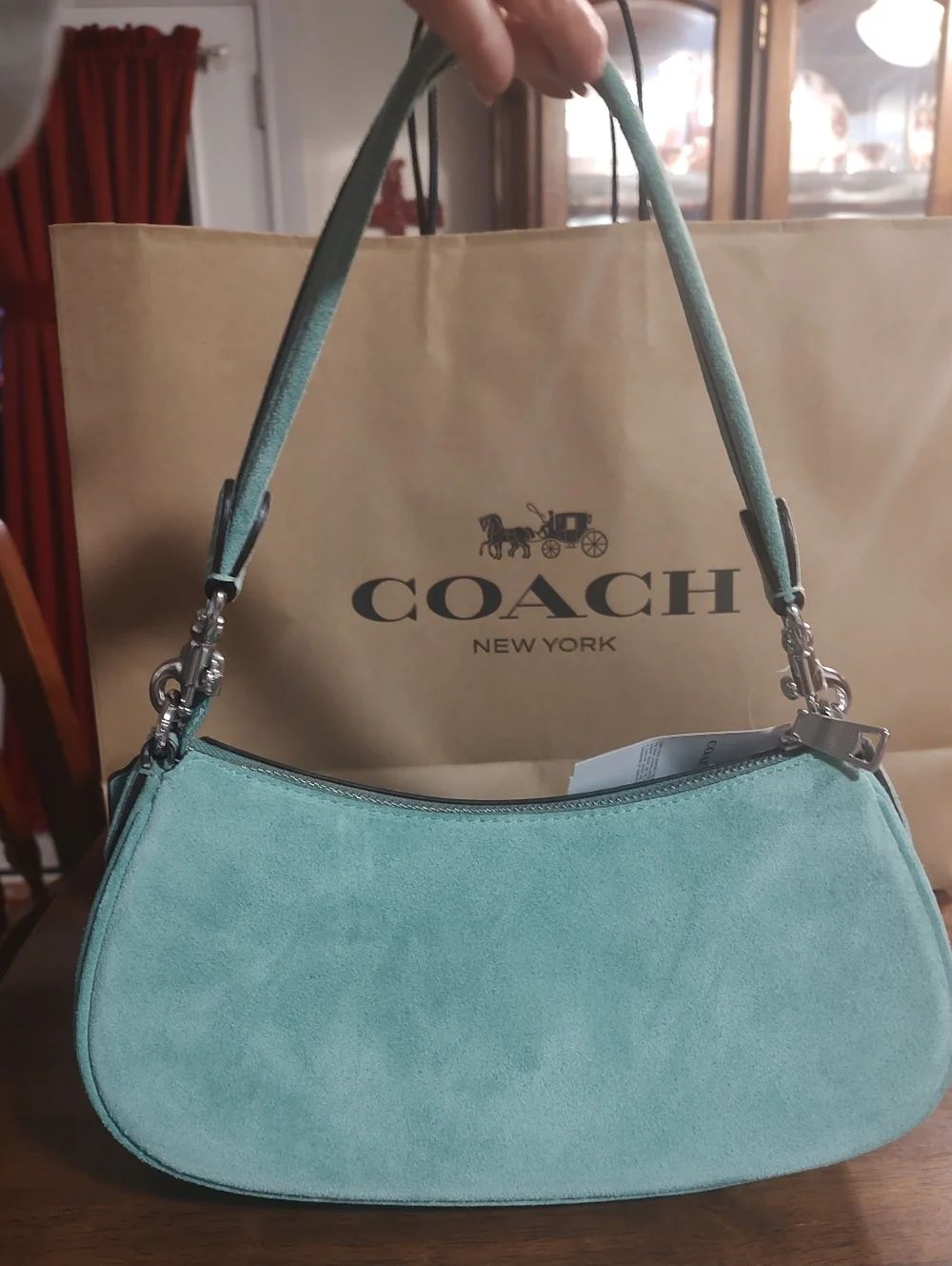 COACH Ashton Mint Green Suede Shoulder Bag with Front Buckle Pockets